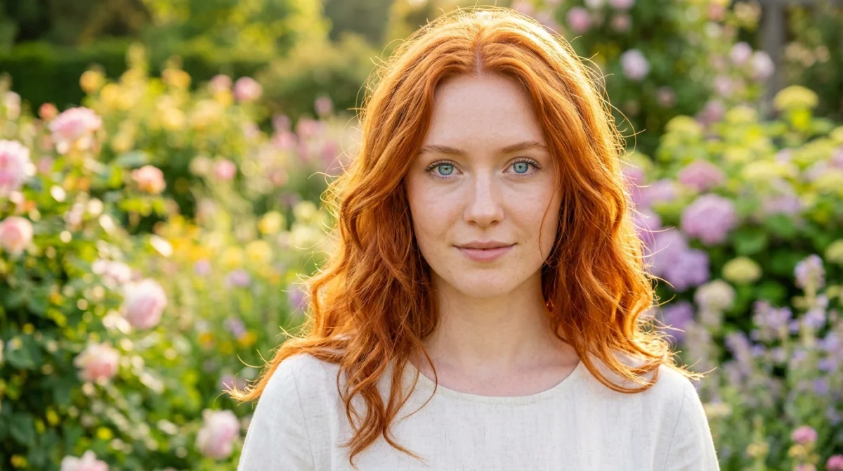 Portrait d'une femme aux cheveux roux et yeux bleus dans un jardin, illustrant quelle couleur de cheveux pour les yeux bleus.