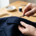 Mains utilisant un découseur pour ouvrir délicatement la poche d'un manteau en laine, illustrant faut-il découdre les poches des manteaux.
