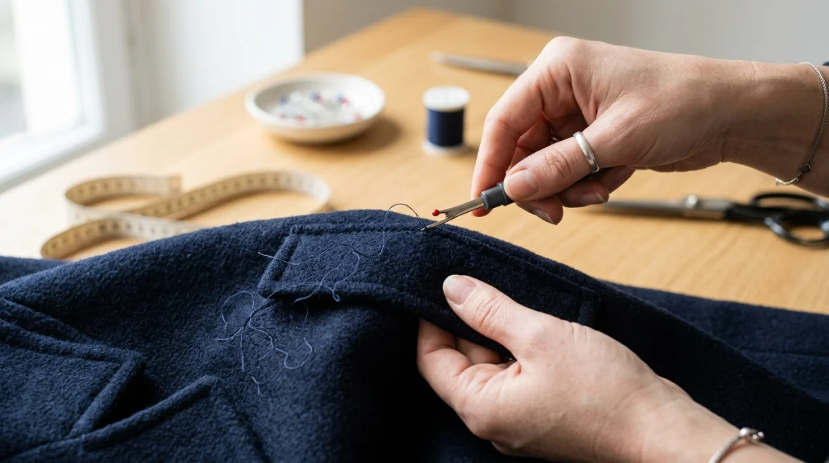 Mains utilisant un découseur pour ouvrir délicatement la poche d'un manteau en laine, illustrant faut-il découdre les poches des manteaux.