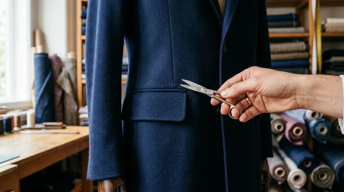 Main tenant des ciseaux pour découdre la poche fermée d'un élégant manteau en laine dans un atelier.