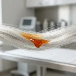 Gros plan sur une mèche de cheveux blancs tachée par une gouttelette de solution iodée ambrée.
