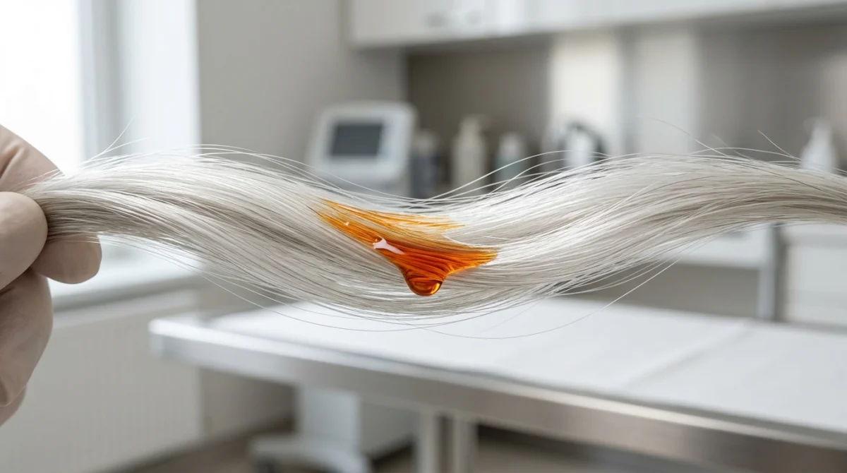 Gros plan sur une mèche de cheveux blancs tachée par une gouttelette de solution iodée ambrée.