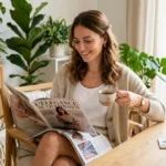 Jeune femme élégante lisant un guide de mode iemmafashion dans un intérieur moderne et lumineux.