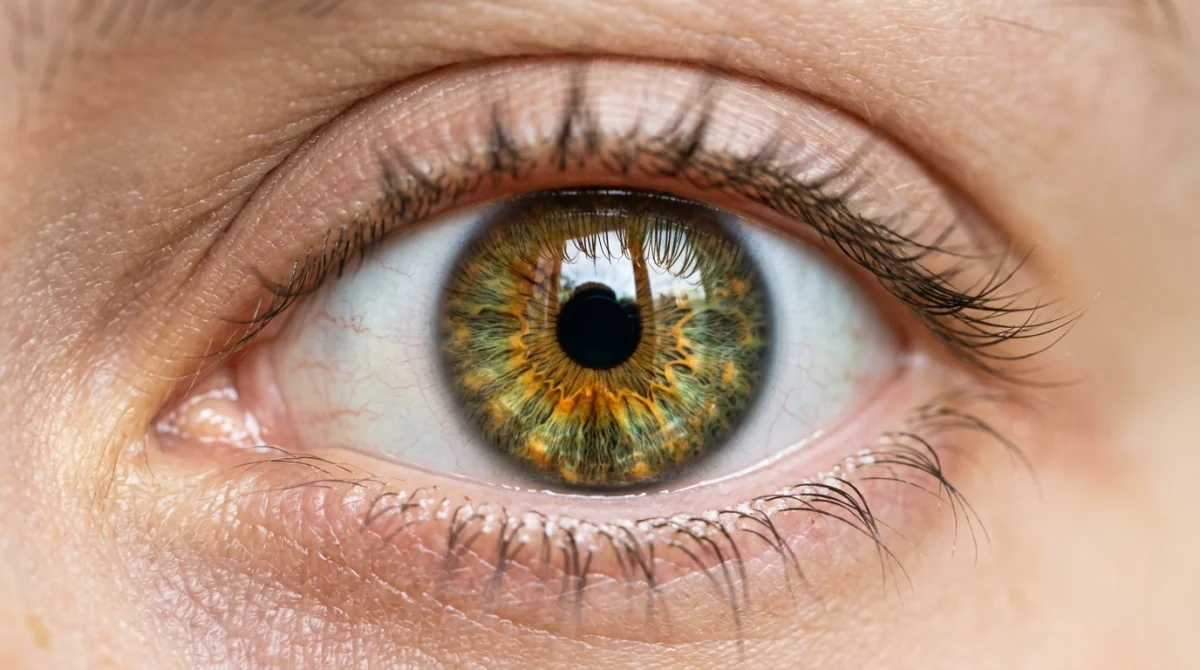Gros plan détaillé sur un œil humain aux nuances noisette, mettant en valeur les reflets dorés de l'iris.