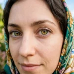 Gros plan sur des yeux hazel aux reflets dorés et verts dans un jardin botanique ensoleillé.