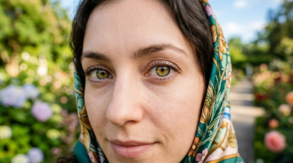 Gros plan sur des yeux hazel aux reflets dorés et verts dans un jardin botanique ensoleillé.