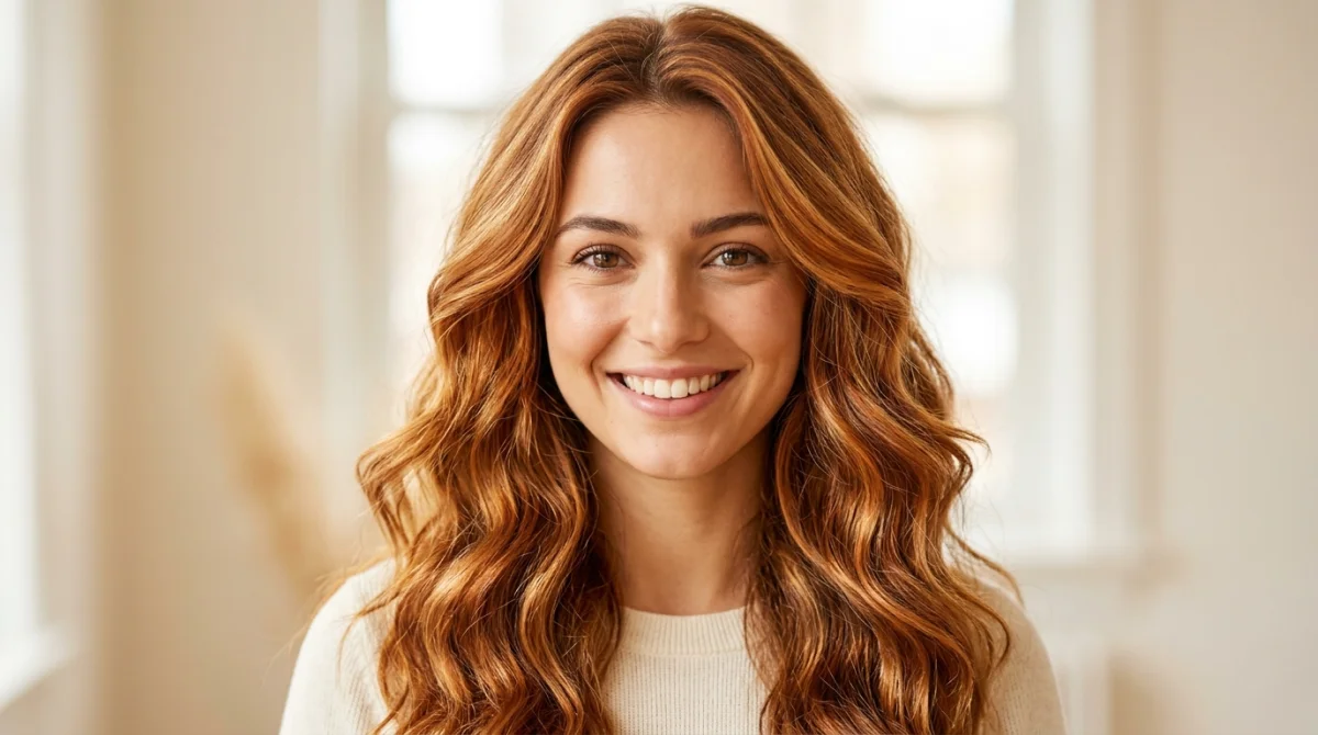 Jeune femme rayonnante aux cheveux cuivrés et dorés, une couleur de cheveux idéale pour sublimer les yeux marron.