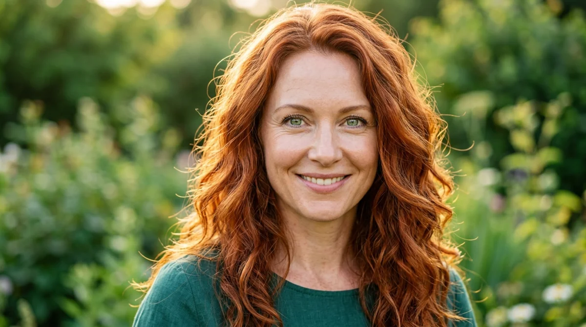 Femme aux cheveux roux cuivrés éclatants mettant en valeur ses yeux verts dans un jardin naturel.