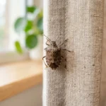 Punaise marron posée sur un rideau en lin beige dans une maison, illustrant sa présence en intérieur.