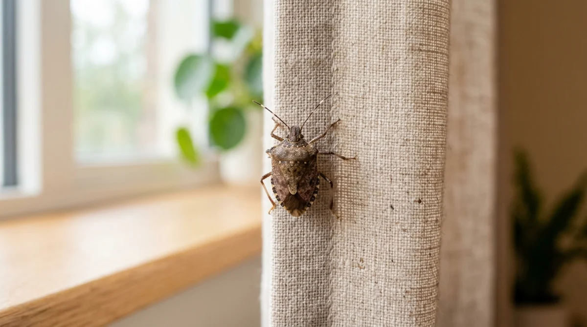 Punaise marron posée sur un rideau en lin beige dans une maison, illustrant sa présence en intérieur.