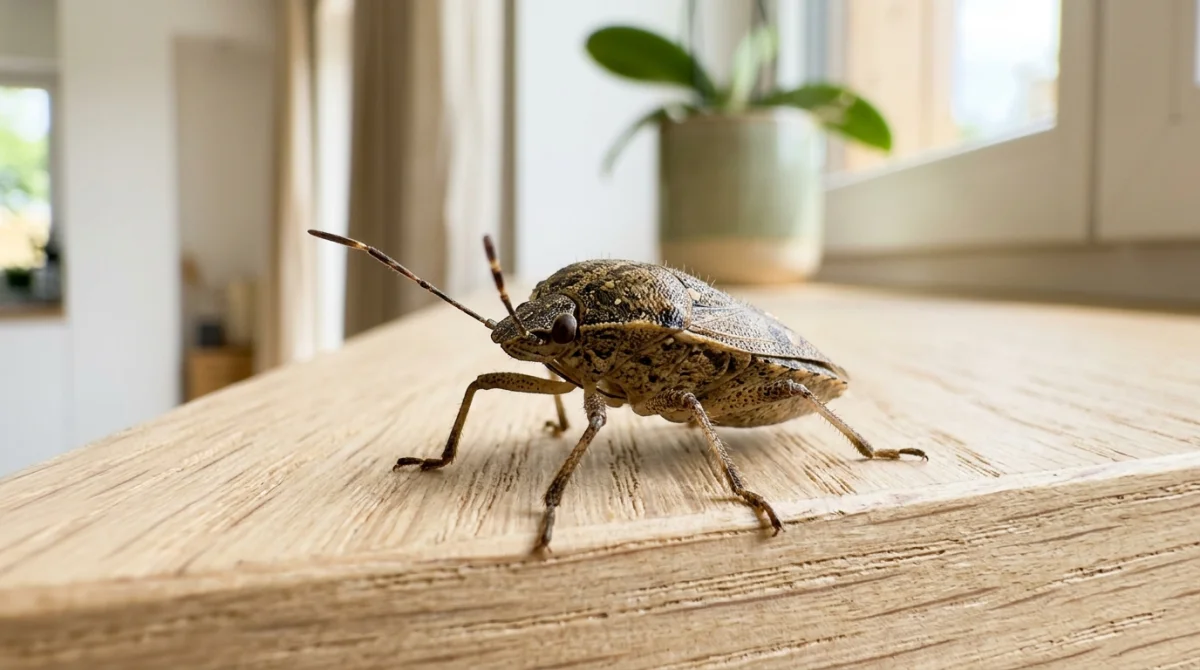 Punaise marron détaillée posée sur un rebord en bois clair, illustrant la signification des punaises dans la maison.