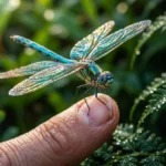Libellule aux ailes irisées posée sur un doigt humain, illustrant la signification libellule dans un jardin luxuriant.