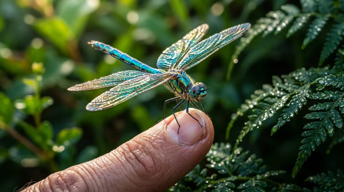 Libellule aux ailes irisées posée sur un doigt humain, illustrant la signification libellule dans un jardin luxuriant.