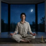 Personne en méditation profonde face à une baie vitrée sous un ciel étoilé, illustrant la signification spirituelle d'un réveil nocturne.