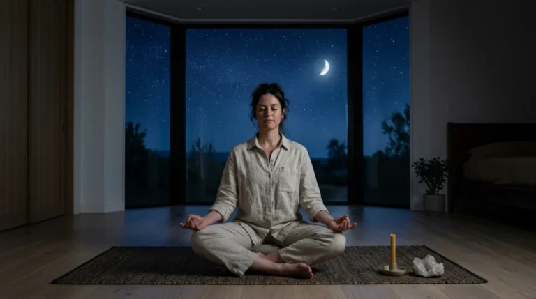 Personne en méditation profonde face à une baie vitrée sous un ciel étoilé, illustrant la signification spirituelle d'un réveil nocturne.