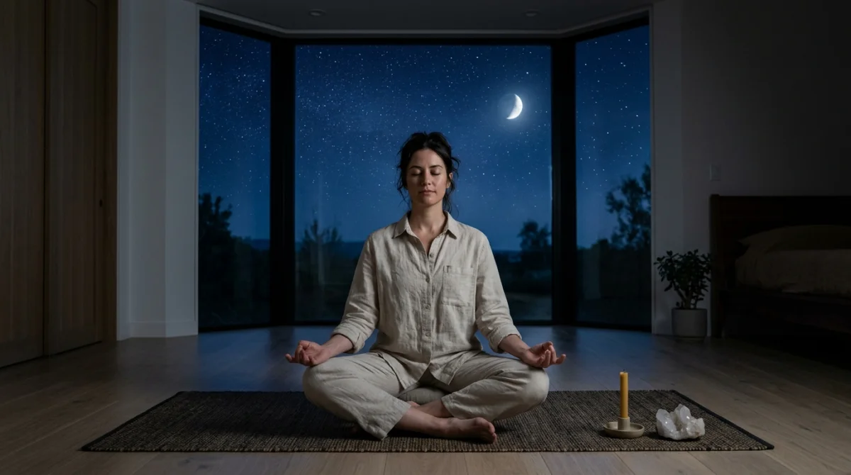Personne en méditation profonde face à une baie vitrée sous un ciel étoilé, illustrant la signification spirituelle d'un réveil nocturne.