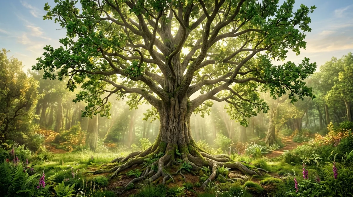 Majestueux arbre de vie dans une forêt lumineuse illustrant la signification spirituelle profonde de la nature.