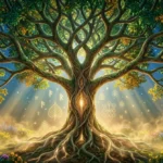 Arbre de vie majestueux dans un jardin céleste illustrant la signification spirituelle profonde de l'Yggdrasil et du Bodhi.
