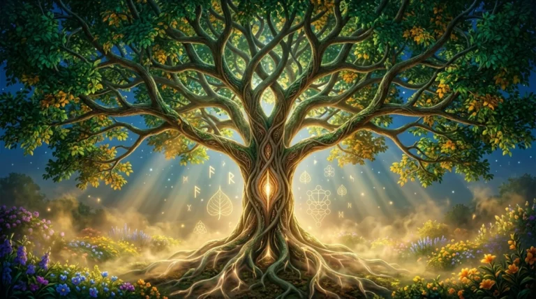 Arbre de vie majestueux dans un jardin céleste illustrant la signification spirituelle profonde de l'Yggdrasil et du Bodhi.
