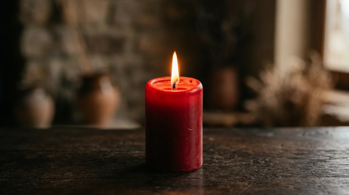 Bougie rouge cylindrique allumée sur un support en bois sombre, illustrant la signification mystique et apaisante.