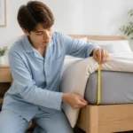 Personne mesurant le débordement d'une couette sur un lit 140x200 pour choisir la taille idéale.