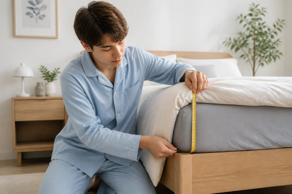 Personne mesurant le débordement d'une couette sur un lit 140x200 pour choisir la taille idéale.