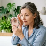 Femme d'âge mûr observant attentivement son visage dans un miroir pour évaluer les effets secondaires du Botox.
