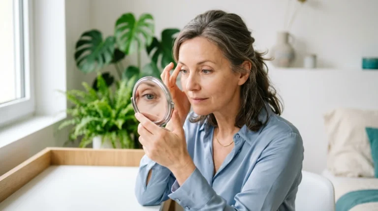 Femme d'âge mûr observant attentivement son visage dans un miroir pour évaluer les effets secondaires du Botox.