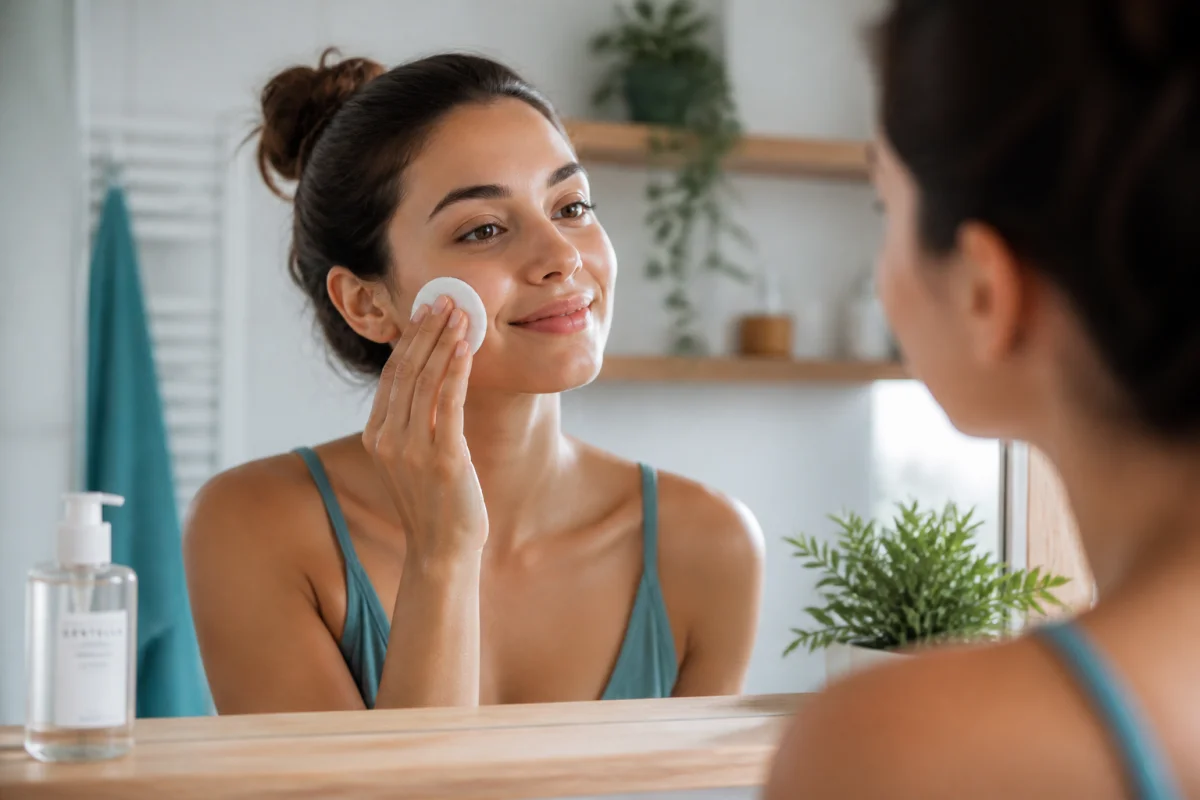 Femme nettoyant délicatement son visage avec un coton dans une salle de bain lumineuse pour illustrer faut il rincer l eau micellaire.