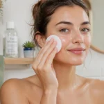 Femme au teint lumineux utilisant un coton pour nettoyer son visage, illustrant s'il faut rincer l'eau micellaire.