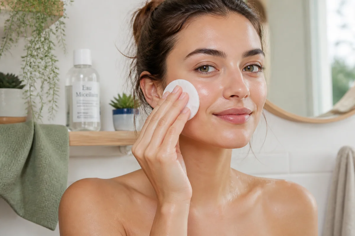 Femme au teint lumineux utilisant un coton pour nettoyer son visage, illustrant s'il faut rincer l'eau micellaire.