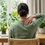 Personne assise dans un intérieur apaisant, touchant son dos pour illustrer le mal de dos côté gauche signification spirituelle.