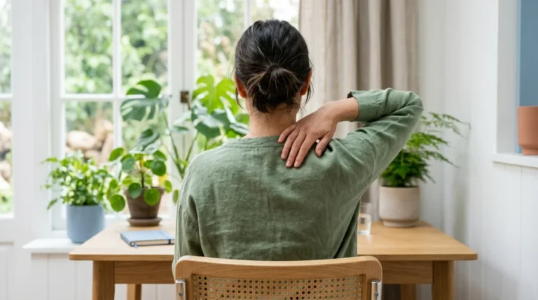 Personne assise dans un intérieur apaisant, touchant son dos pour illustrer le mal de dos côté gauche signification spirituelle.