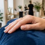Main féminine avec un ongle présentant un léger décollement, posée sur un support en velours bleu.