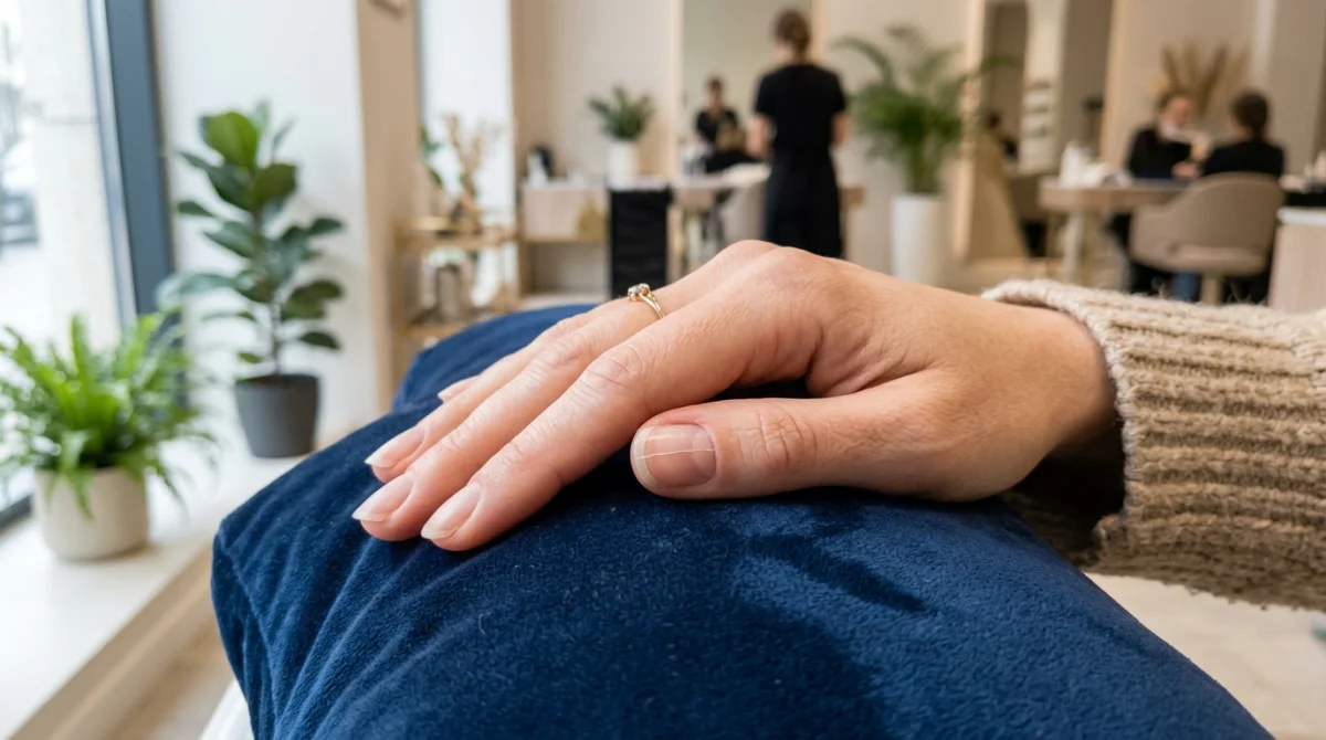 Main féminine avec un ongle présentant un léger décollement, posée sur un support en velours bleu.