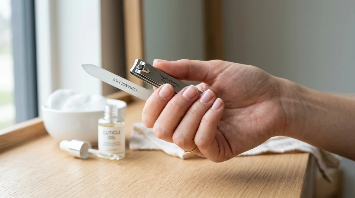 Main féminine utilisant des outils de manucure pour entretenir des ongles sains sur une surface en bois clair.