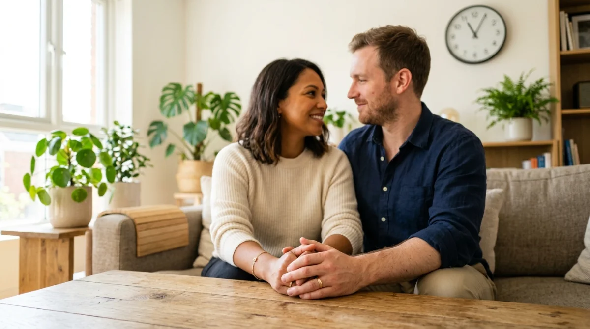Couple complice se tenant la main dans un intérieur lumineux, illustrant la signification en amour de 11h01.