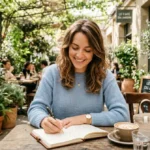 Jeune femme sereine écrivant dans un carnet à une terrasse de café, illustrant la signification de 11h01 en amour.