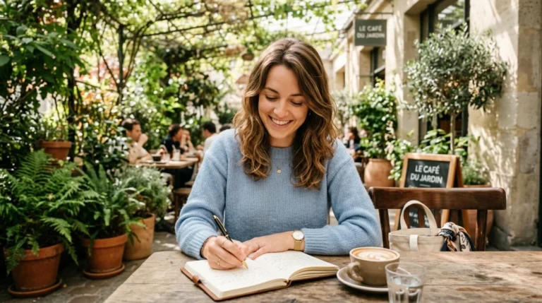 Jeune femme sereine écrivant dans un carnet à une terrasse de café, illustrant la signification de 11h01 en amour.