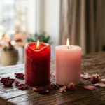 Bougie rouge et bougie rose sur une table en bois, illustrant la signification de la bougie rouge.