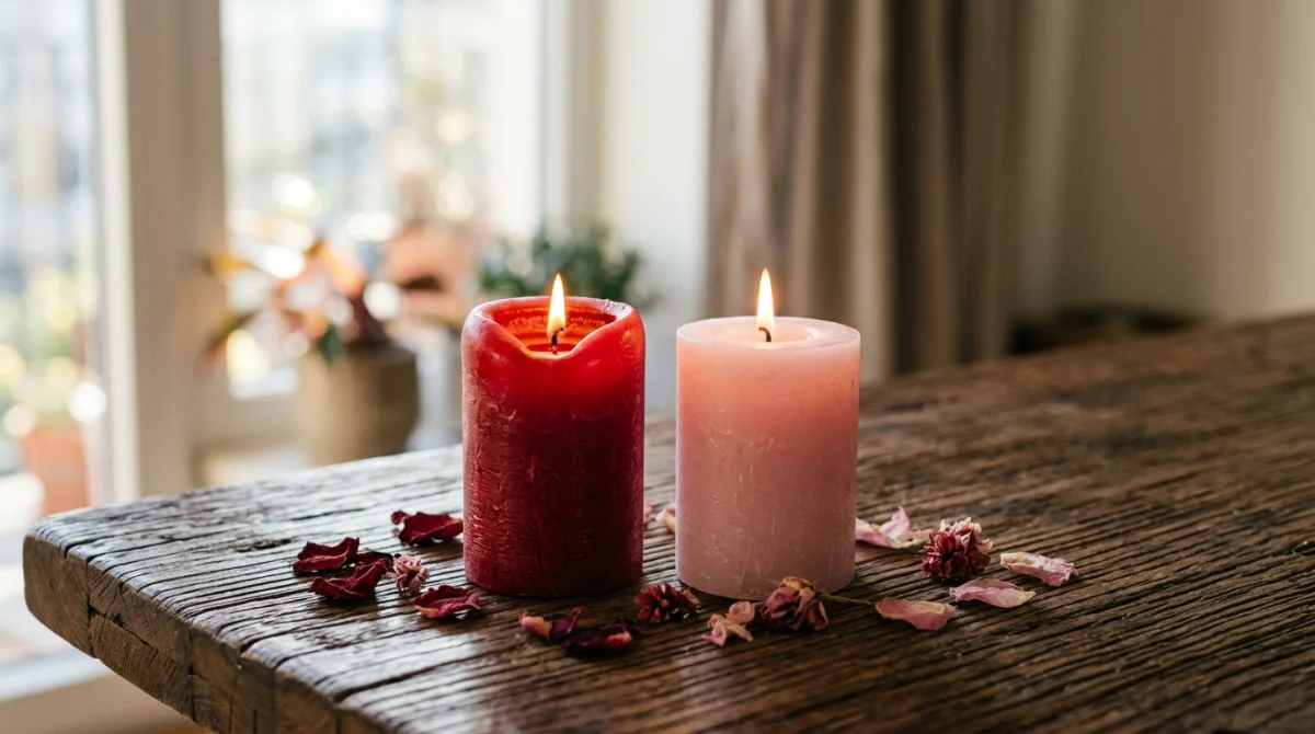 Bougie rouge et bougie rose sur une table en bois, illustrant la signification de la bougie rouge.