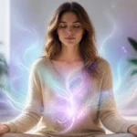 Jeune femme méditant entourée d'une aura lumineuse aux tons pastel, illustrant la signification des couleurs d'aura.