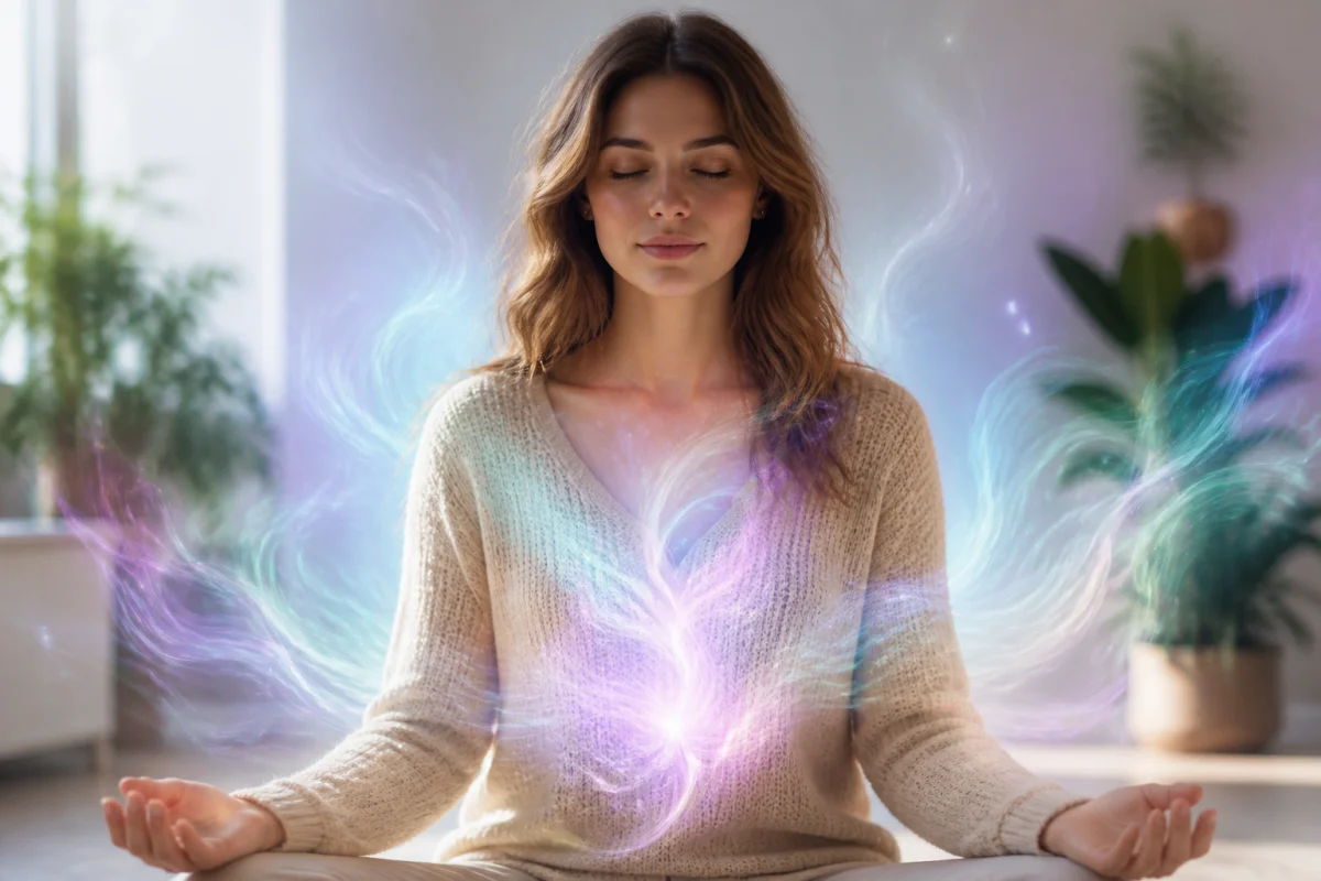 Jeune femme méditant entourée d'une aura lumineuse aux tons pastel, illustrant la signification des couleurs d'aura.