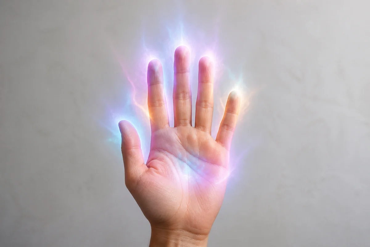 Main humaine ouverte entourée d'une aura lumineuse colorée illustrant la signification des couleurs d'aura.