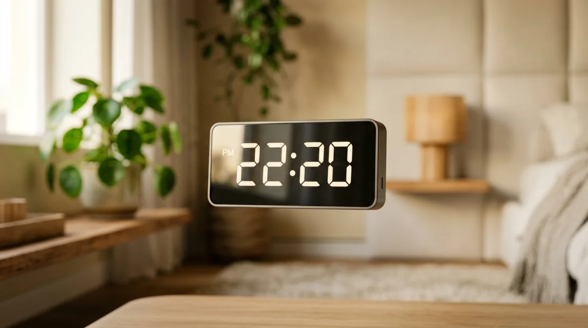 Horloge numérique affichant 22:20 dans un intérieur épuré pour illustrer la signification flamme jumelle.