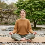 Personne méditant sereinement dans un jardin zen, illustrant la signification flamme jumelle du chiffre 22:20.
