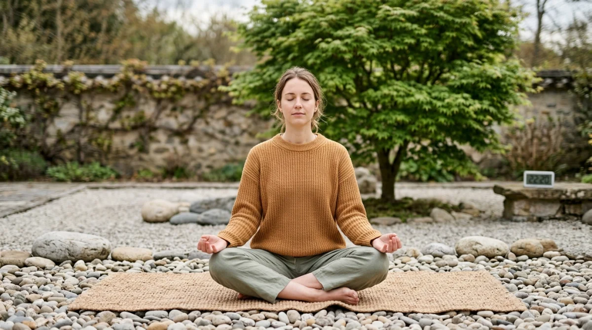 Personne méditant sereinement dans un jardin zen, illustrant la signification flamme jumelle du chiffre 22:20.
