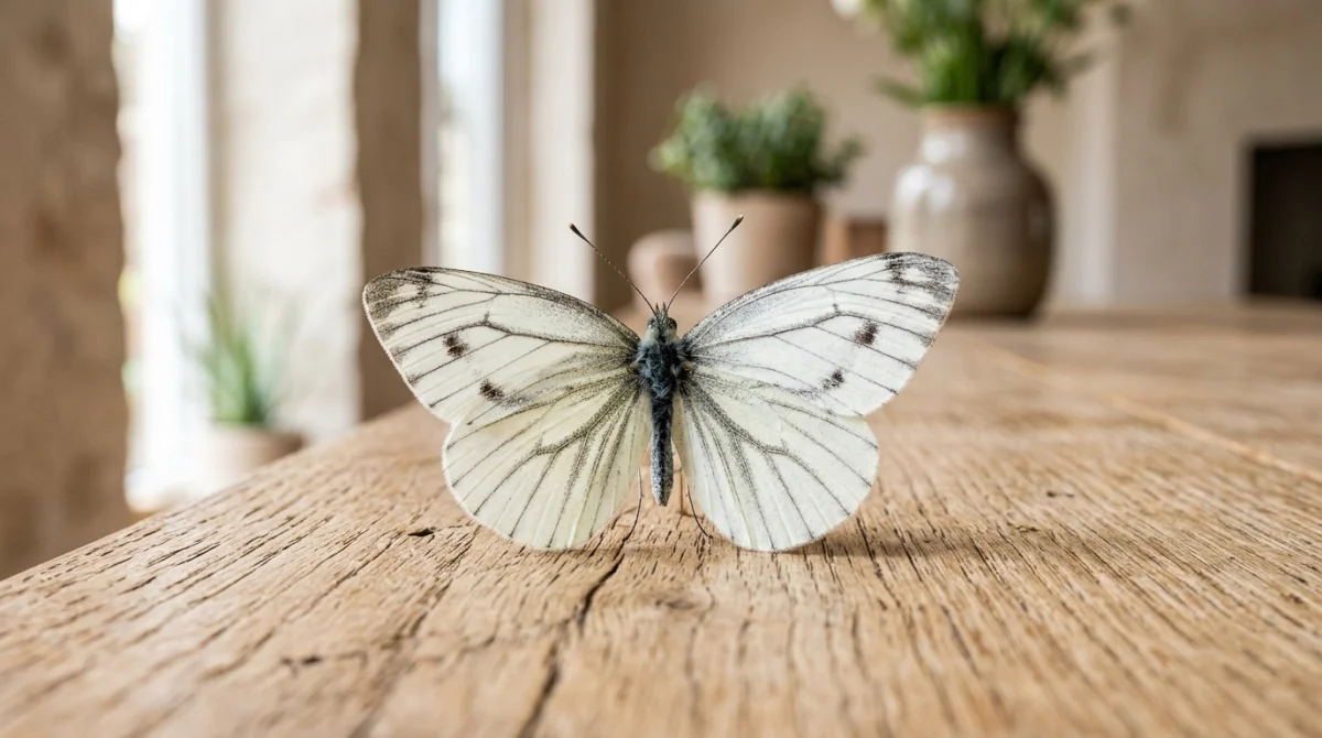Papillon blanc posé sur une surface en bois clair, illustrant la signification symbolique d'un papillon dans la maison.