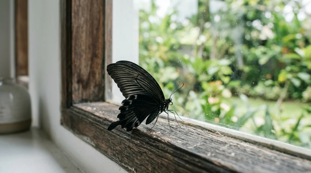Grand papillon noir posé sur un rebord de fenêtre en bois, illustrant la symbolique du papillon dans la maison.