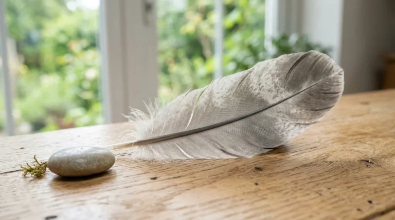 Plume élégante aux nuances grises et blanches posée sur un bois clair, illustrant la signification plume grise et blanche.